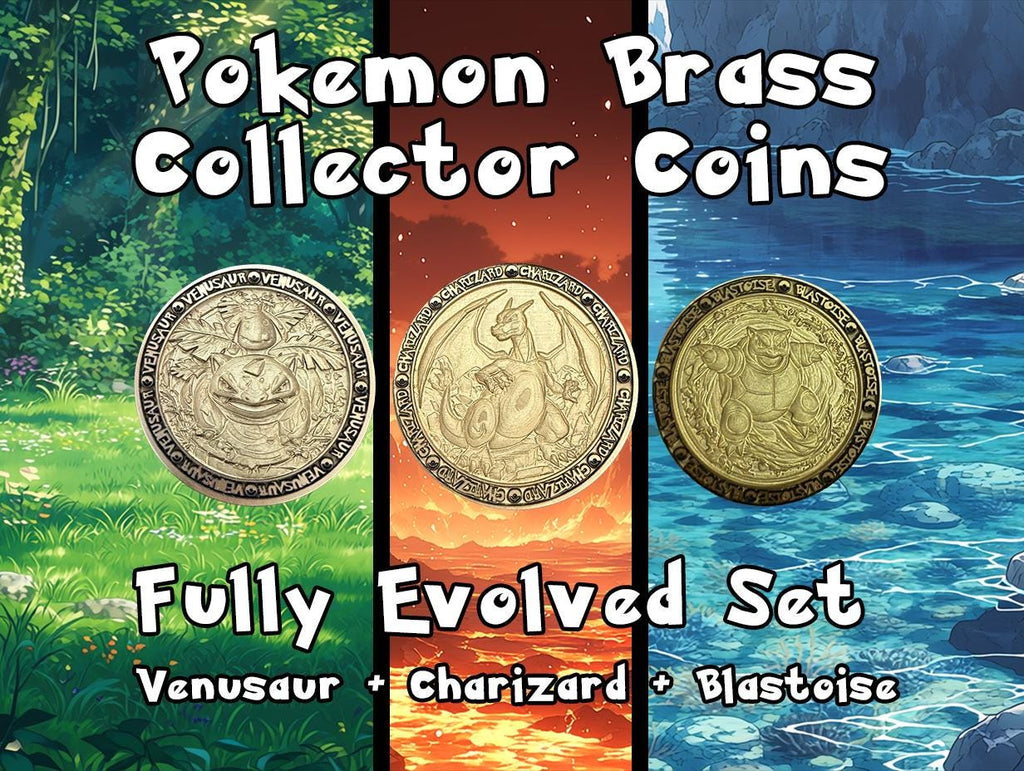 Kanto Starter Final Evolution Brass Coin Set – 40mm Collectible with Optional Personalization
